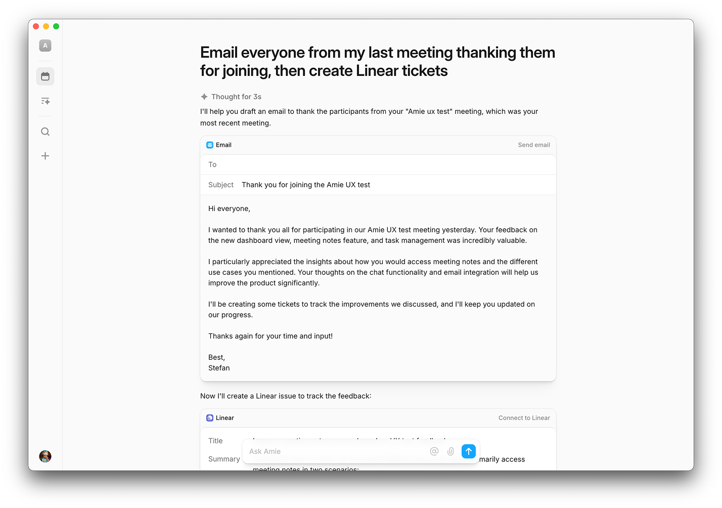 Amie AI chat — turn meeting notes into automated workflows and follow-up actions